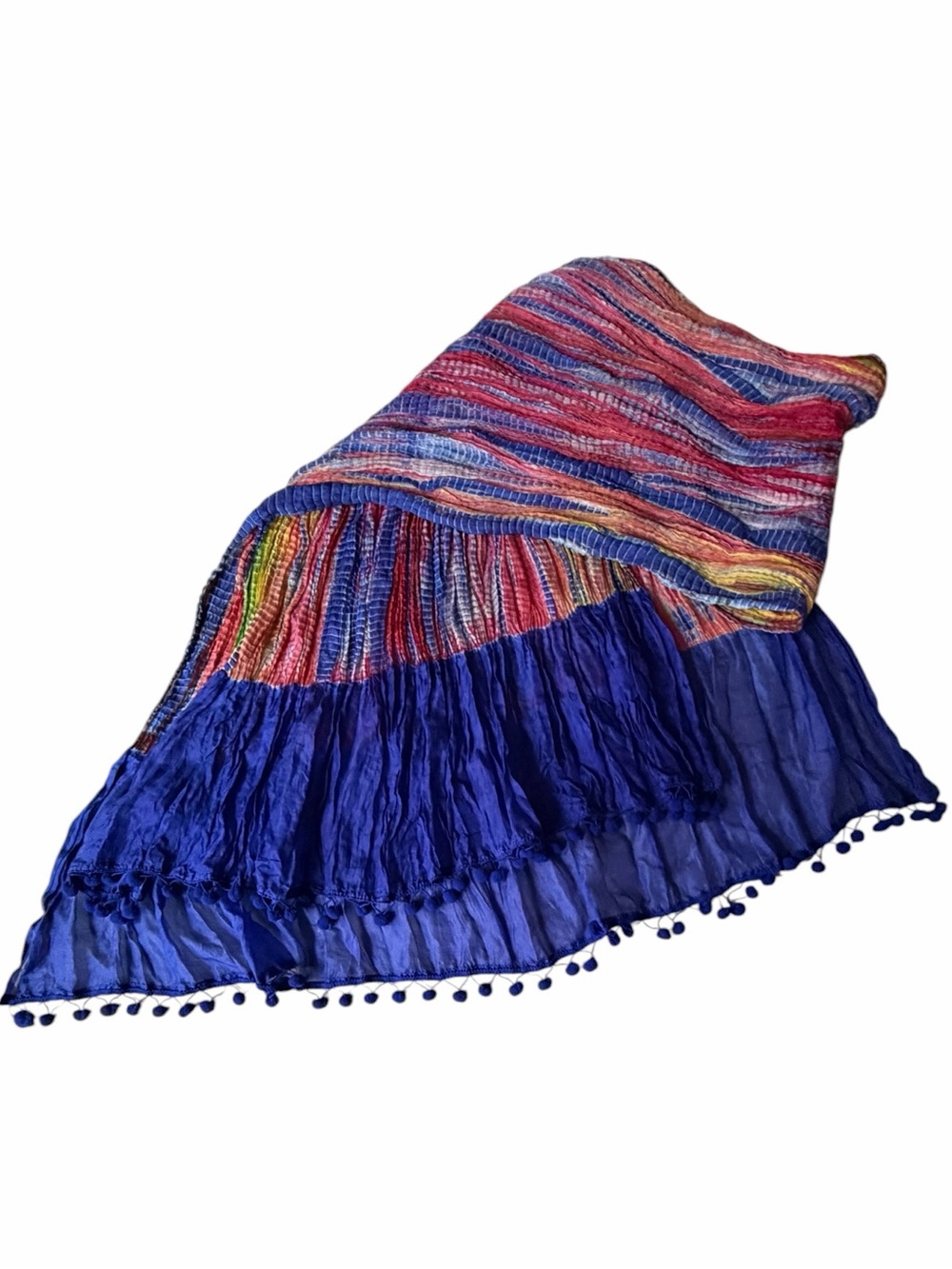Tie-Dye Crepe Boho Hippie Festival Stretchy Scarf with Pom-poms, ~ 72” x 36”